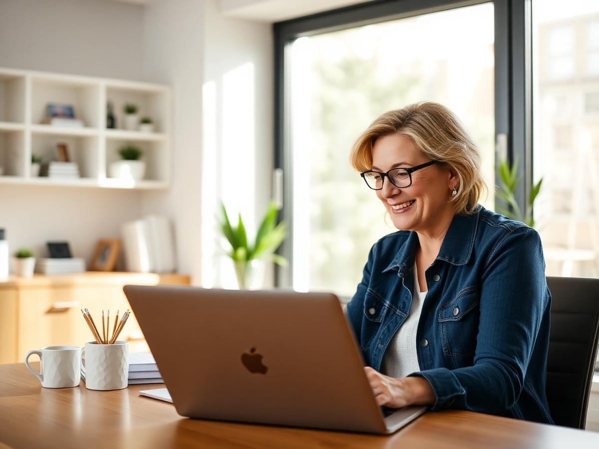 A focused woman working productively at a laptop