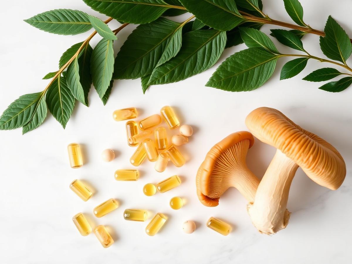 Natural botanical ingredients including leaves, mushrooms and capsules